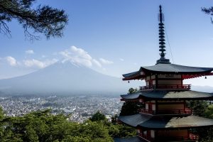 Japanese culture dream country: Mount Fuji with cherry blossoms in spring